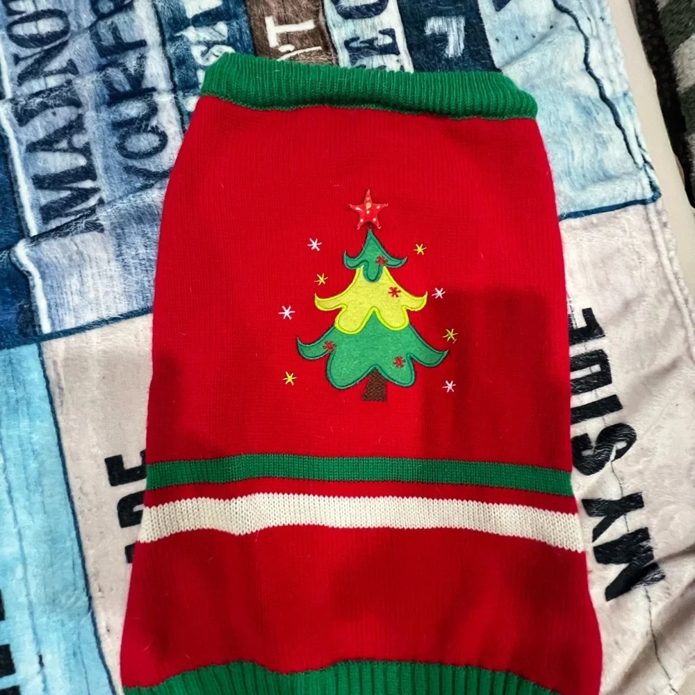 Festive Red Dog Sweater with Christmas Tree Design